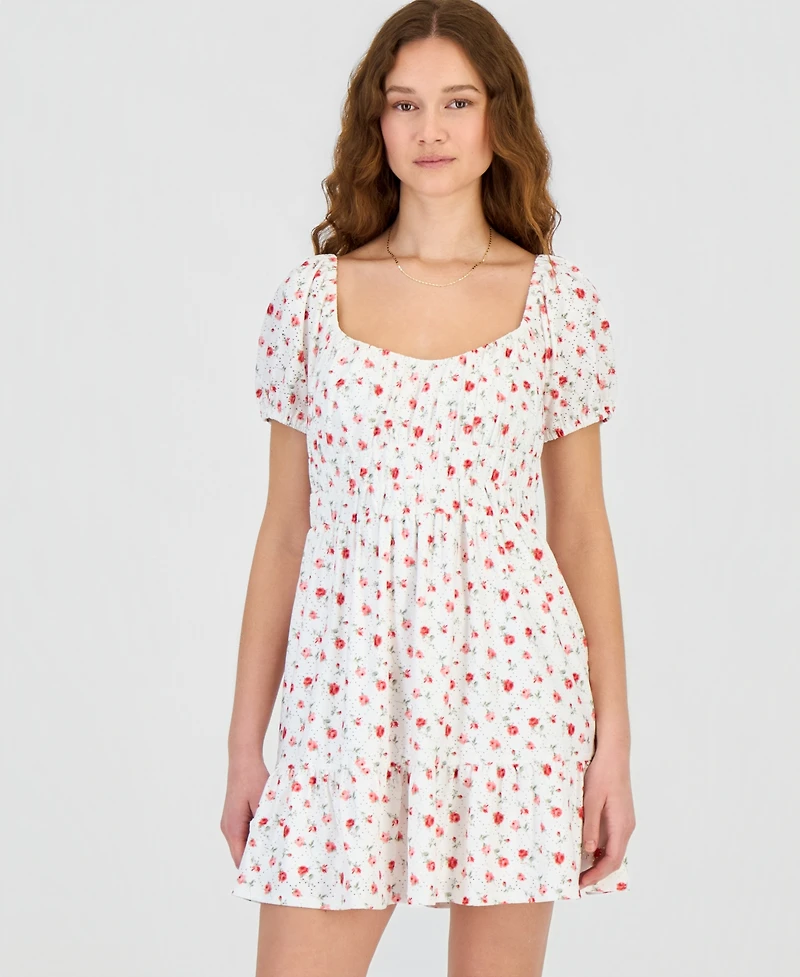 Kingston Grey Juniors' Floral Print Eyelet Puff-Sleeve Mini Dress