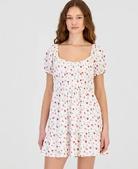 Kingston Grey Juniors' Floral Print Eyelet Puff-Sleeve Mini Dress