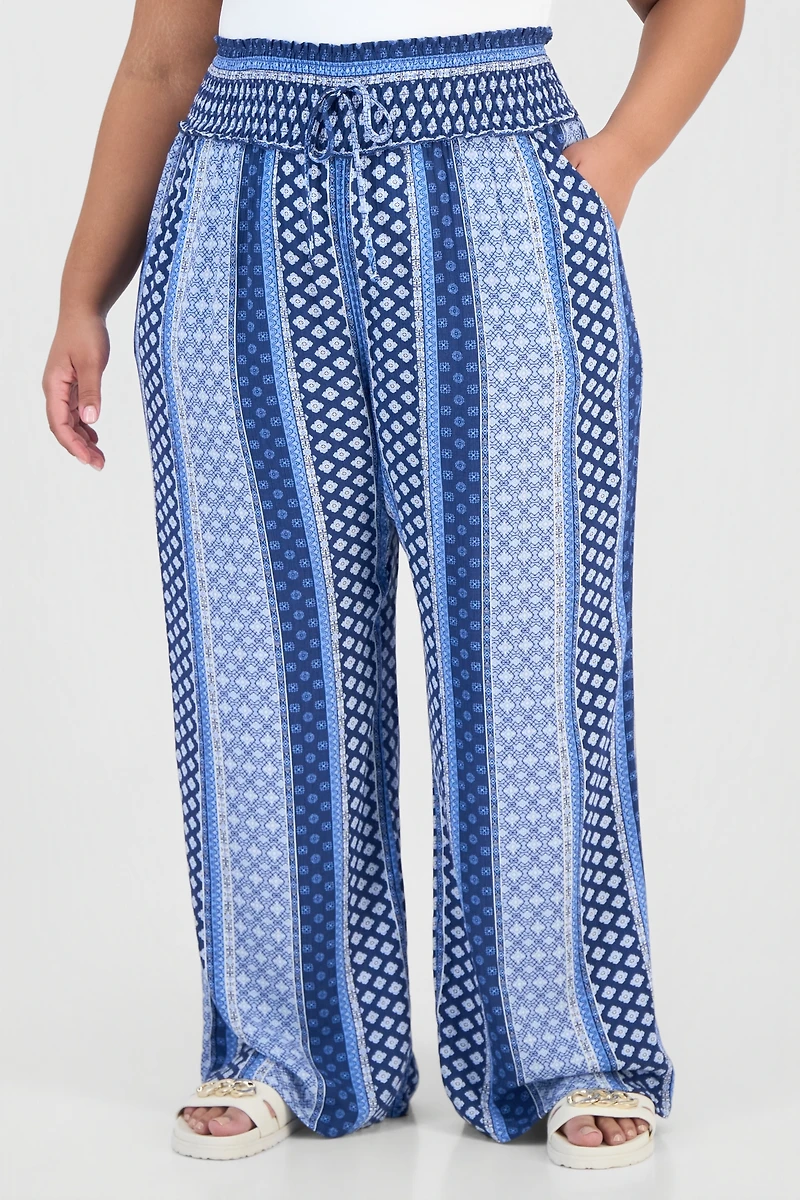 Kingston Grey Trendy Plus Printed Smocked-Waist Wide-Leg Pants