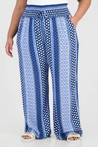 Kingston Grey Trendy Plus Printed Smocked-Waist Wide-Leg Pants