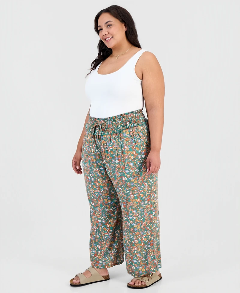 Kingston Grey Trendy Plus Printed Smocked-Waist Wide-Leg Pants