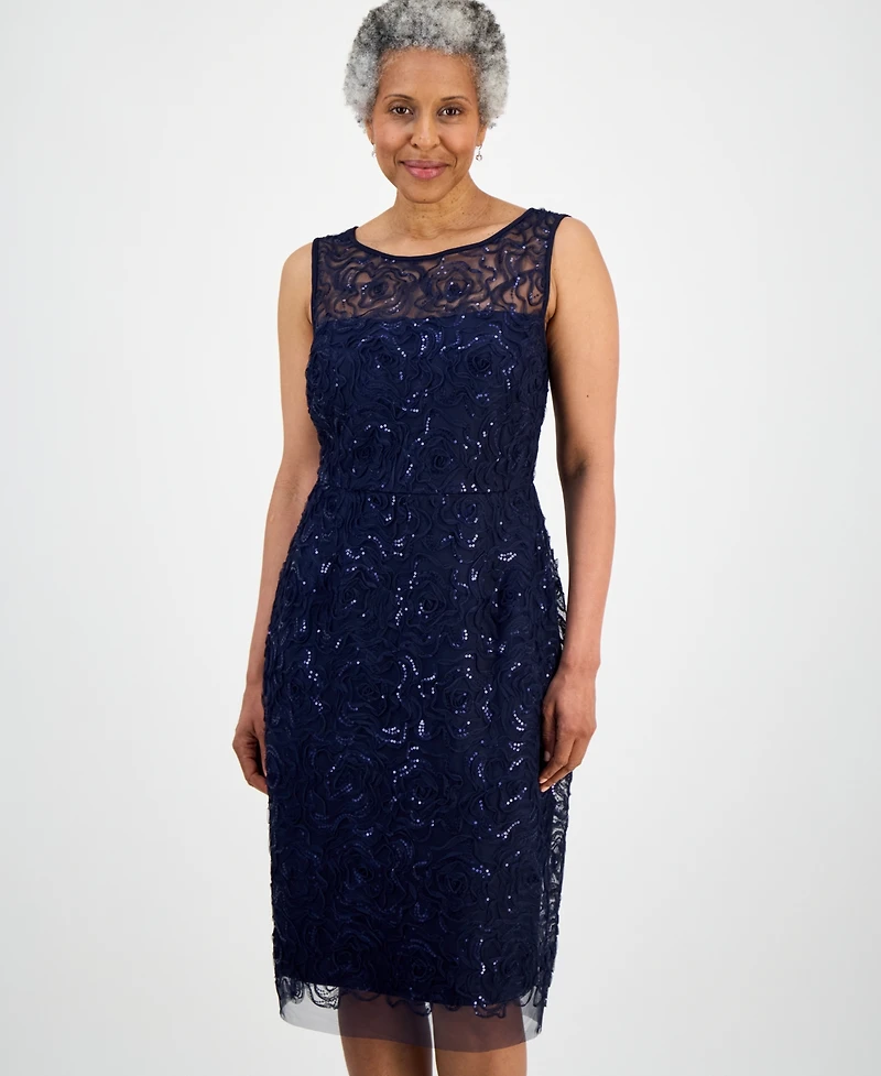 Connected Petite Sequin Rosette Mesh Sleeveless Sheath Dress