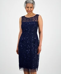 Connected Petite Sequin Rosette Mesh Sleeveless Sheath Dress
