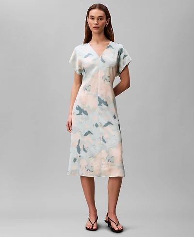 Calvin Klein Women's Satin Print V-Neck Midi Dress
