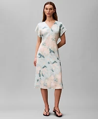 Calvin Klein Women's Satin Print V-Neck Midi Dress