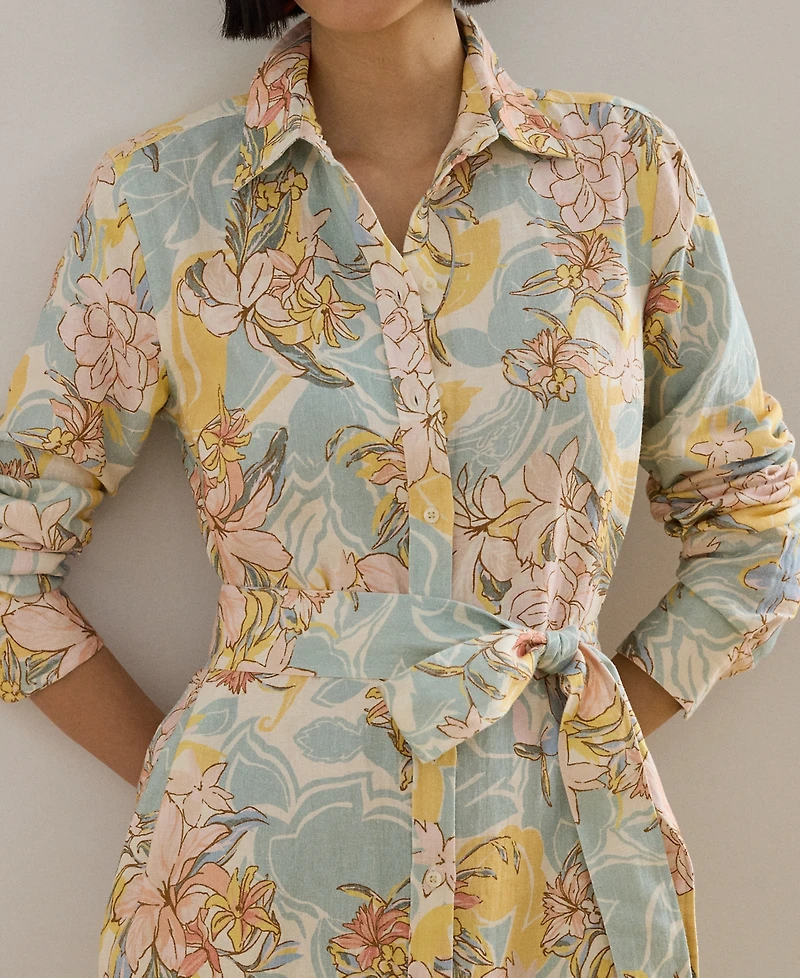 Lauren Ralph Petite Floral-Print Belted Collared Shirt Dress