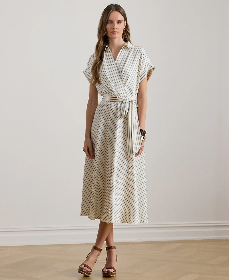 Lauren Ralph Petite Striped Belted Wrap Collared Midi Dress