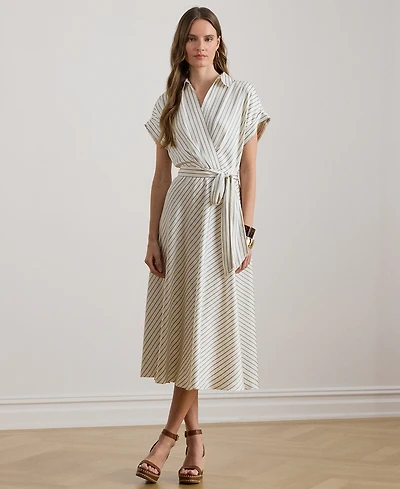 Lauren Ralph Petite Striped Belted Wrap Collared Midi Dress