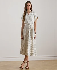 Lauren Ralph Petite Striped Belted Wrap Collared Midi Dress