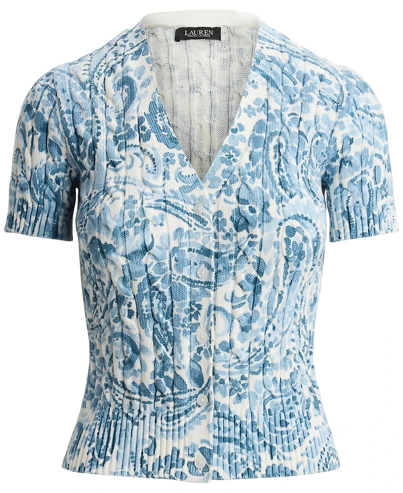 Lauren Ralph Petite Paisley-Print Cable-Knit V-Neck Cardigan