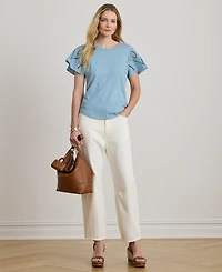 Lauren Ralph Petite Eyelet Flutter-Sleeve Crewneck Top