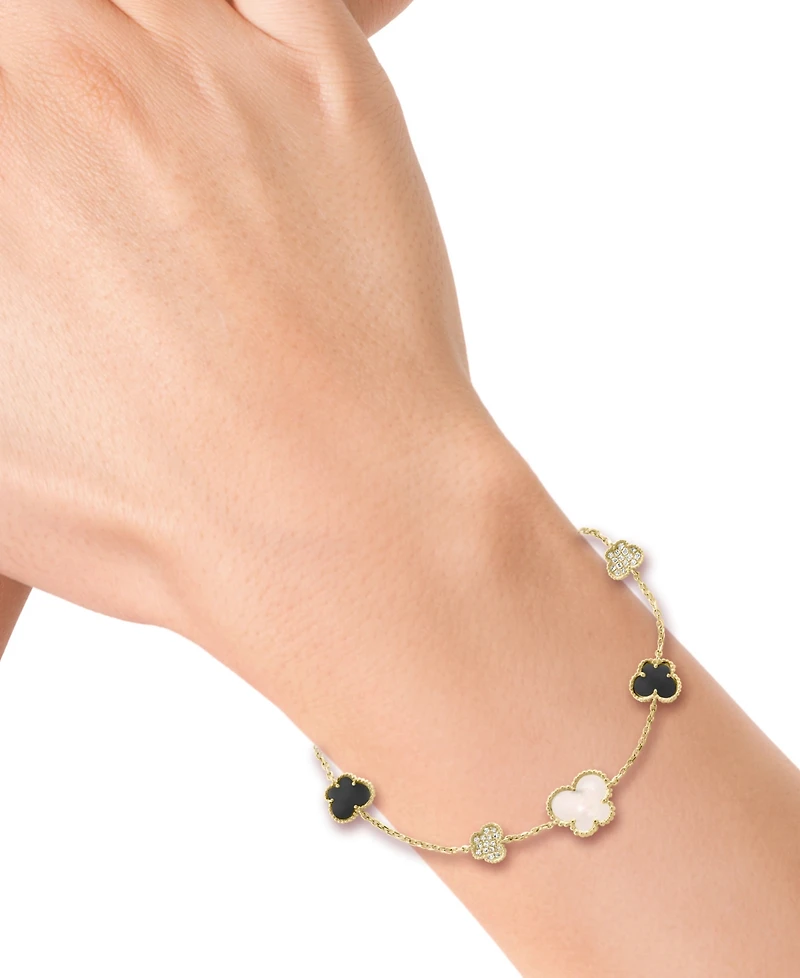Effy Collection Freshwater Pearl (9 x 7mm), Onyx & Diamond (1/10 ct. t.w.) Bracelet in 14k Yellow Gold