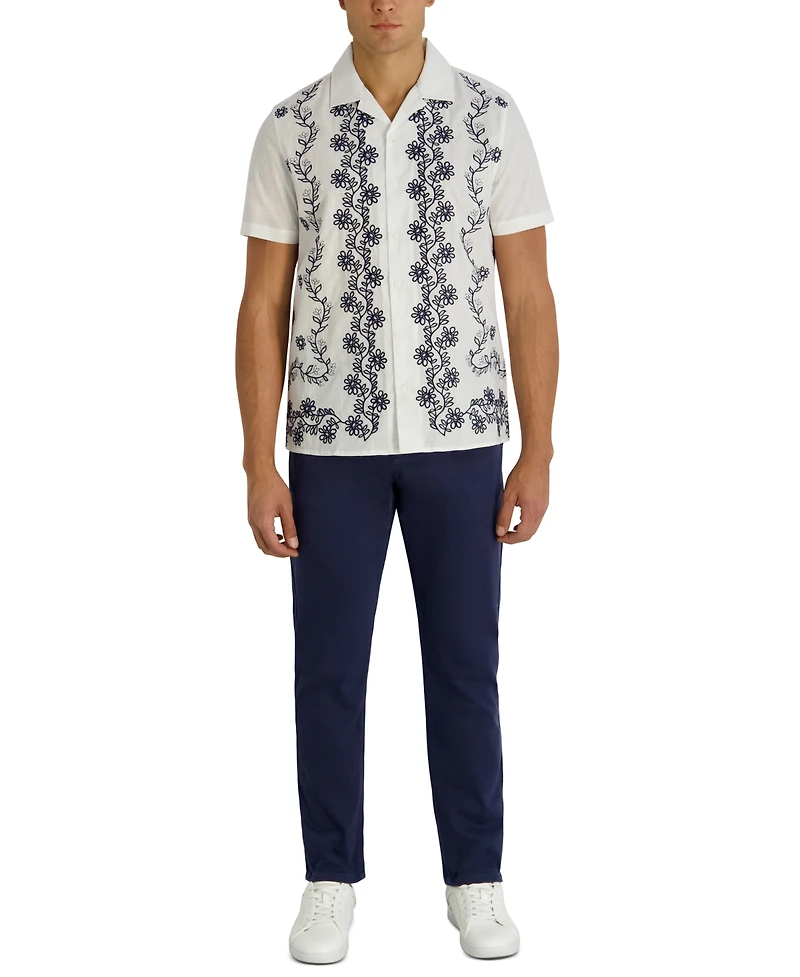 Karl Lagerfeld Paris Men's Regular Fit Short-Sleeve Floral Embroidered Shirt