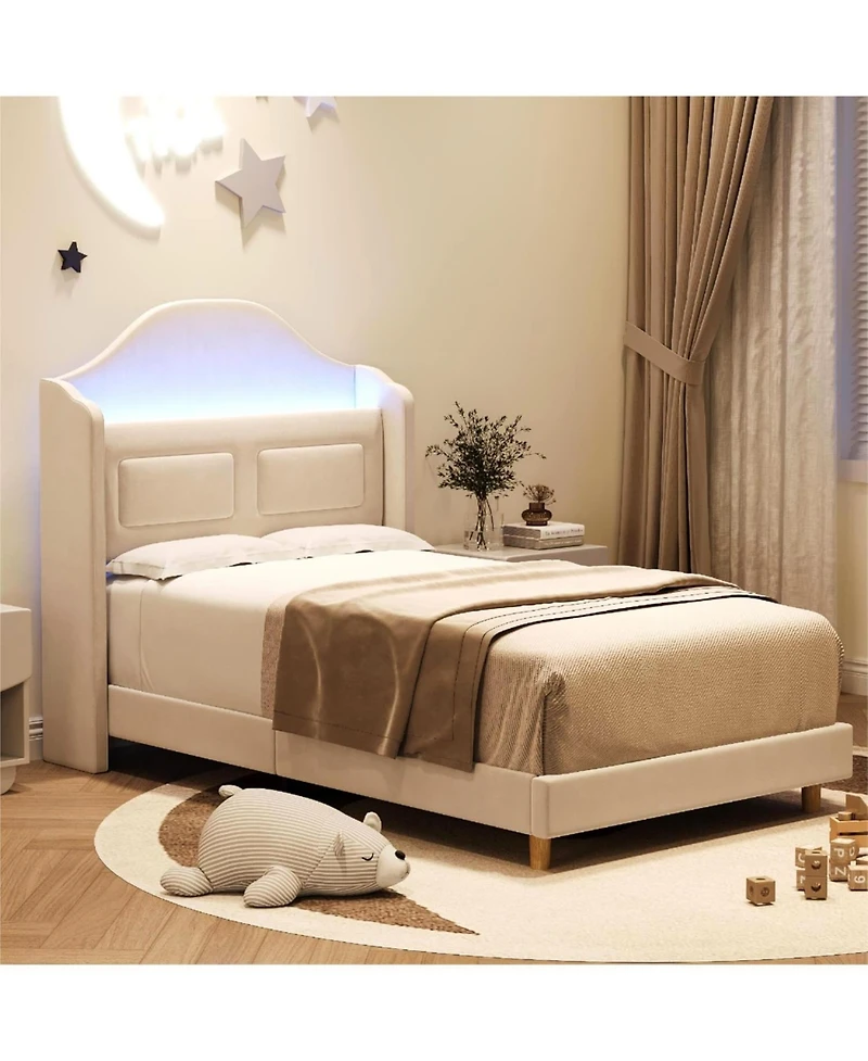gaomon Upholstered Twin Bed Frame with Led Lights, Velvet Platform Wing Back Storage Headboard, Wood Slats Support, Easy Assembly