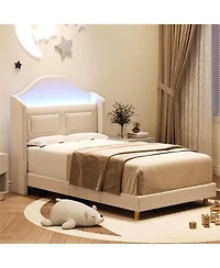 gaomon Upholstered Twin Bed Frame with Led Lights, Velvet Platform Wing Back Storage Headboard, Wood Slats Support, Easy Assembly