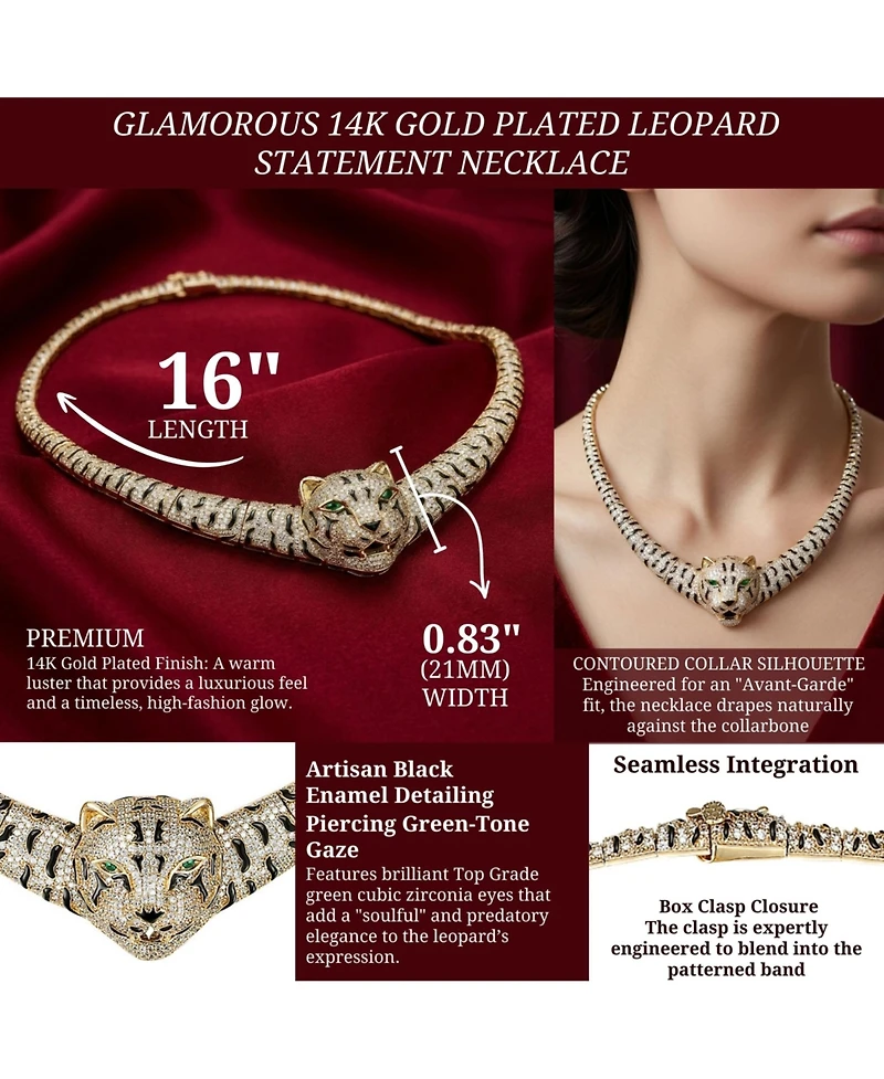 Glamorous 14K Gold Plated Necklace with Cubic Zirconia Leopard Design