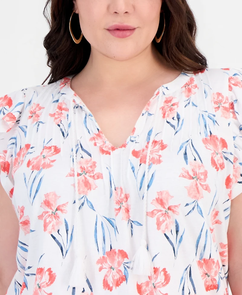 Style & Co Plus Emelia Flutter-Sleeve Tie-Neck Top