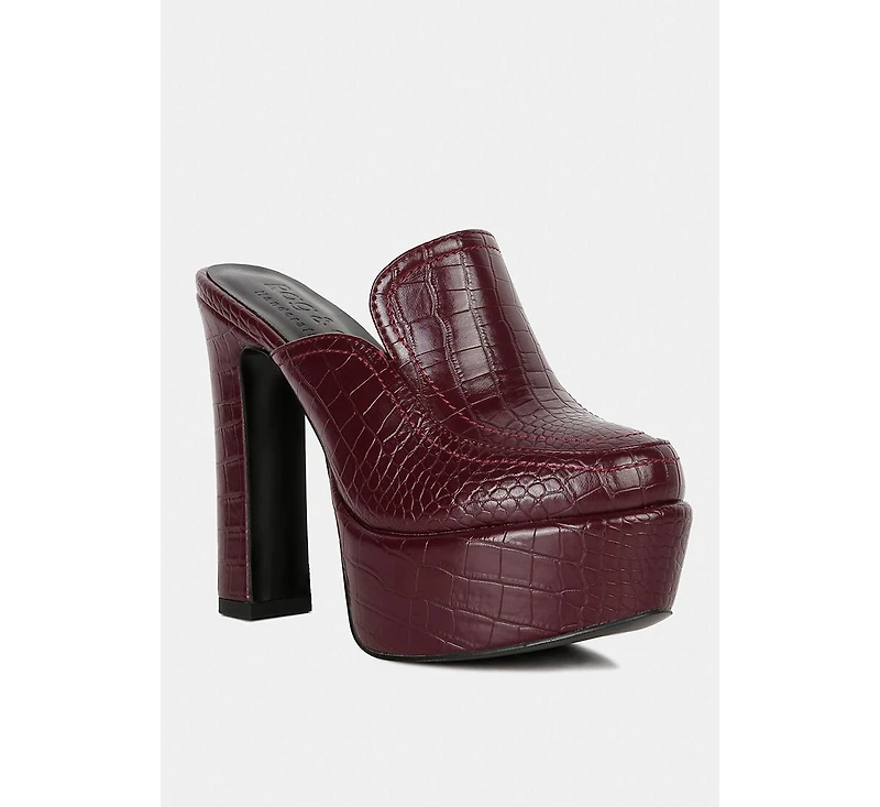 Bauhaus Womens Croc Pattern Heeled Platform Mules