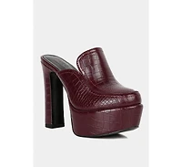 Bauhaus Womens Croc Pattern Heeled Platform Mules