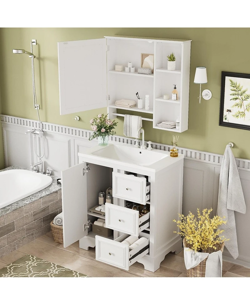 Sillysis 30" Solid Wood Bathroom Vanity Set with Mirror Cabinet, Ceramic Sink & Soft Close Drawers for Modern Bath-Sillysis