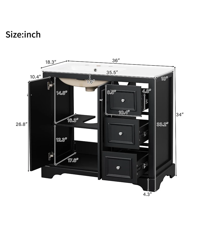 Sillysis 36" Transitional Bathroom Vanity with Ceramic Sink, Solid Wood & Mdf, 2 Soft-Close Doors, 3 Drawers, Adjustable Shelf for Storage