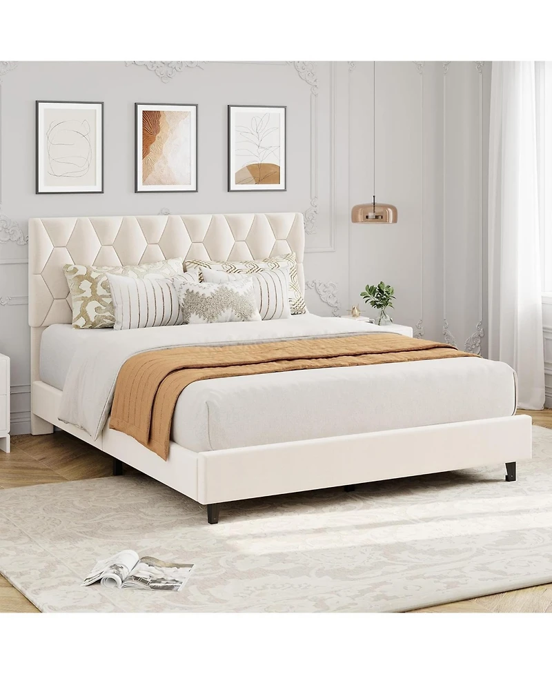 gaomon Beige Bed Frame with Upholstered Headboard, Heavy-Duty Platform Strong Wood Slats