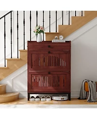 Homfan Shoe Storage Cabinet with 2 Flip Drawer, Shoes Organizer with with Top Drawer，Hollow Out Panel & Black Square Handles