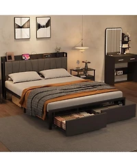 gaomon Bed Frame with Storage Headboard, Industrial Platform Bed with 2 Large Drawers and Charging Station