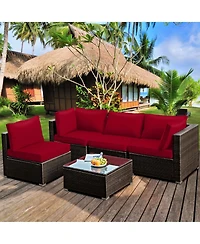 Gymax 5PCS Rattan Patio Conversation Set Sofa Furniture Set w/ Cushions
