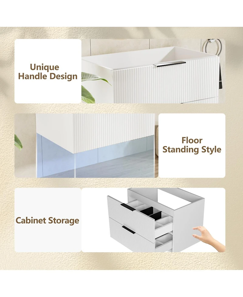 Sillysis 24" Wall Mounted Bathroom Vanity with Ceramic Sink, Fluted Mdf Cabinet & Drawers for Modern Bathrooms