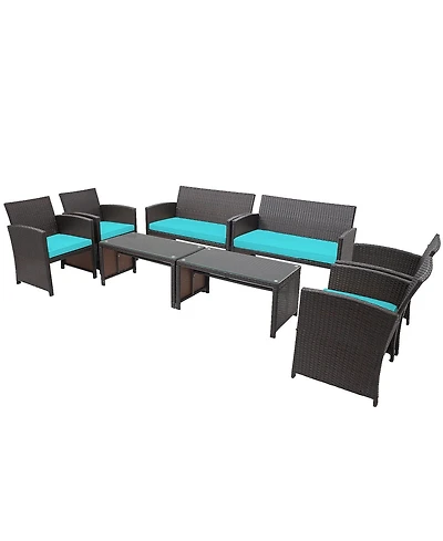 Gymax 8PCS Patio Conversation Set Outdoor Rattan Furniture Set w/ Cushions