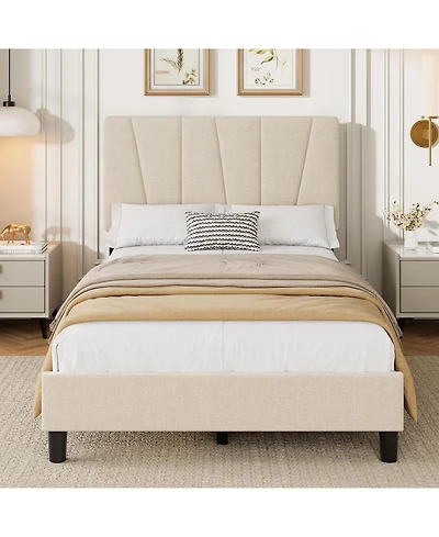gaomon Twin Xl Size Platform Bed Frame with 3-Level Adjustable Headboard, Linen Upholstered Bedframe with Noise-Free Slats, Mattress Foundation