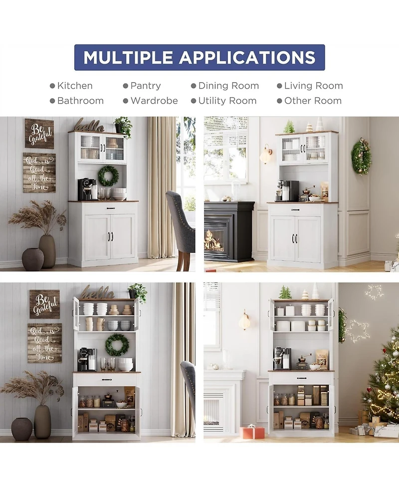 gaomon Kitchen Pantry Cabinet with Microwave Stand & Coffee Bar,Wooden Freestanding Hutch Cabinet with Adjustable Shelves and 4 Doors