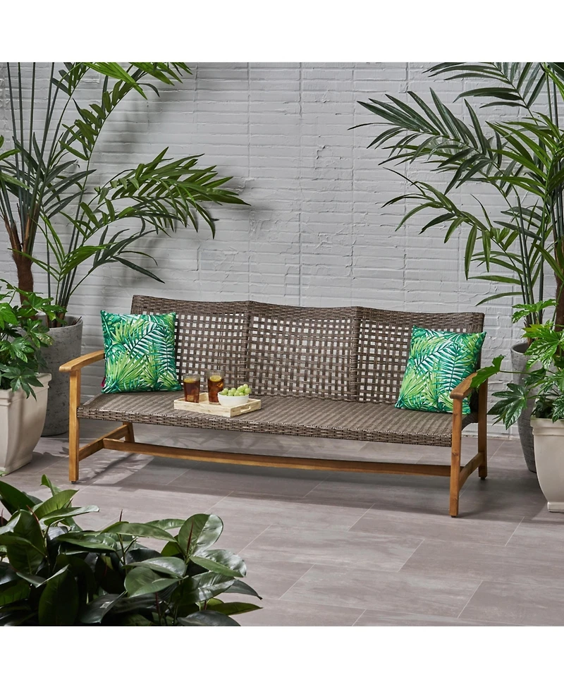 Flynama Acacia Wood Wicker Outdoor Sofa 3-Seater Patio Conversation Set