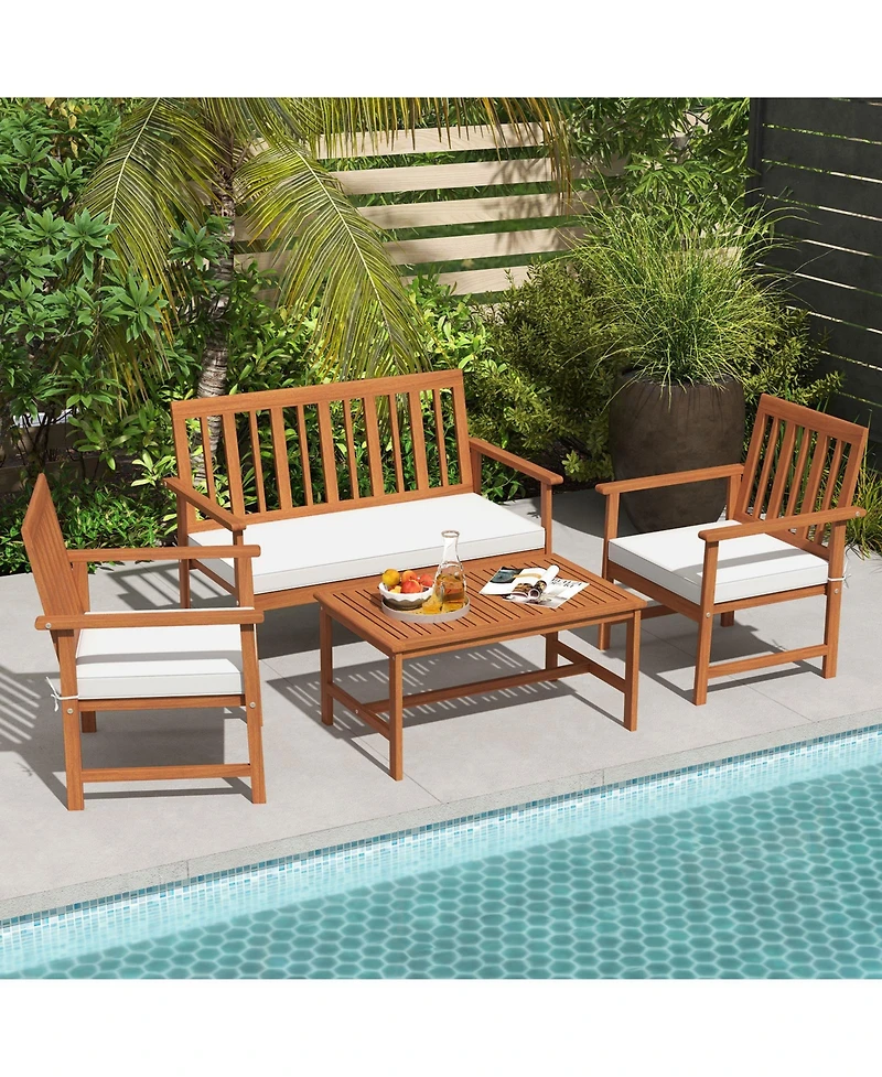 Gymax 4-Piece Acacia Wood Patio Conversation Set Outdoor Furniture Set w/ Armchairs