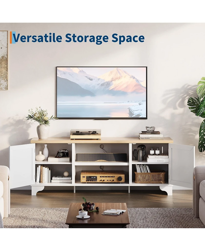 gaomon Rattan Tv Stand Fits TVs up to 65 inches, Entertainment Center with Cabinets and Open Shelves