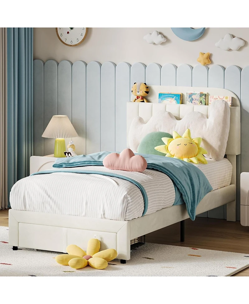 gaomon Set of 2 Bed Frame for Kids, Upholstered Platform Bed with Large Storage Drawer and Bookcase Headboard, Girls Boys Bed, Noise-Free