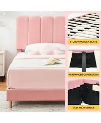 gaomon Twin Bed Frame, Velvet Upholstered Platform Bed with Wave Headboard for Girls/Kids, Easy Assembly, Wooden Slats Support, No Box Spring Needed
