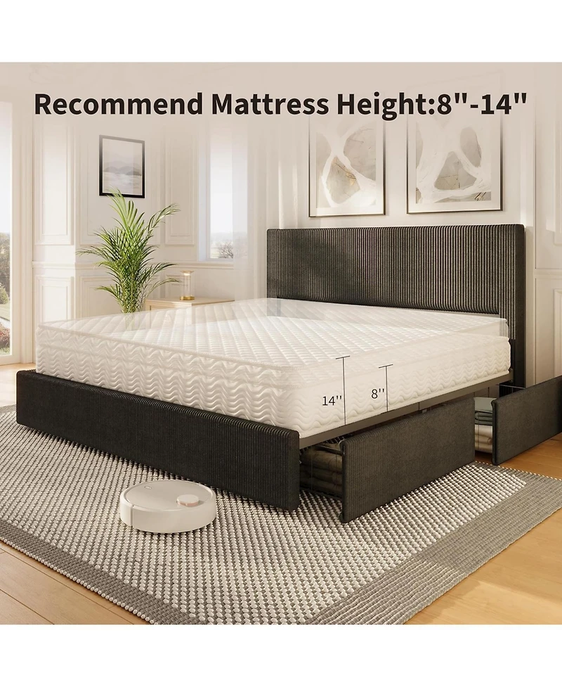 gaomon Platform Bed with 4 Storage Drawers, Upholstered Corduroy Channel Tufted Headboard Frame Strong Wooden Slat Support