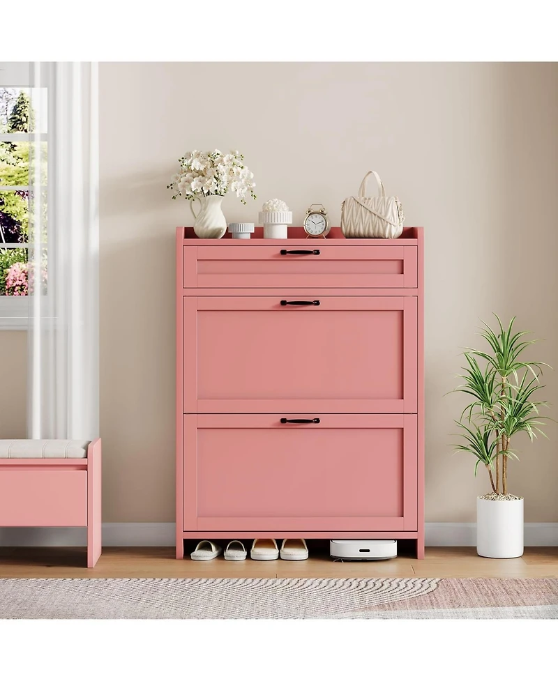 Homfan Shoe Cabinet with 2 Flip Drawers & 1 Top Drawer, Wooden Shoe Organizer Cabinet with Adjustable Shelf, Freestanding Shoe Storage Cabinets
