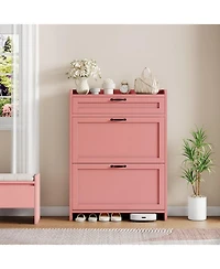 Homfan Shoe Cabinet with 2 Flip Drawers & 1 Top Drawer, Wooden Shoe Organizer Cabinet with Adjustable Shelf, Freestanding Shoe Storage Cabinets