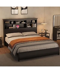 gaomon Bed Frame with Bookcase Headboard, Tall Wooden Bed Headboard Frame with Type-c & Usb Charging Station