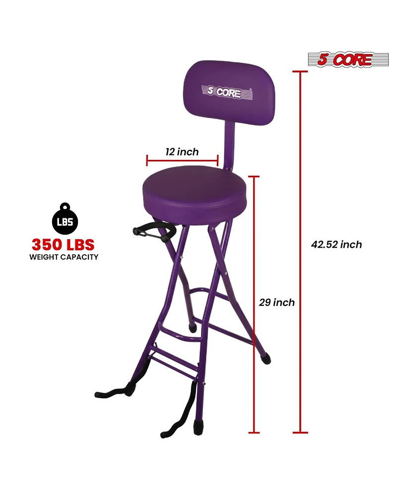 5Core Guitar Stool 3.15" Padded Chair w Backrest Foldable Music Seat Built in Foot Rest Guitar Stand