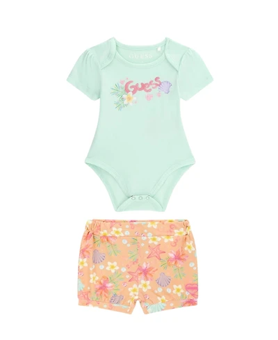 Guess Baby Girls' Tropical Print Stretch Jersey Short-Sleeve Bodysuit and Shorts, 2-Piece Set