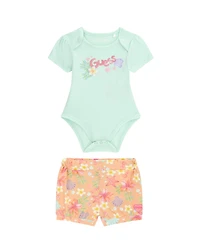 Guess Baby Girls' Tropical Print Stretch Jersey Short-Sleeve Bodysuit and Shorts, 2-Piece Set