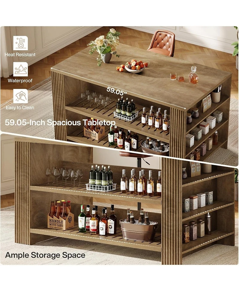 Tribesigns 3-Tier Farmhouse Kitchen Island with Storage, 59'' Wooden Stationary Island Table with Open Shelves & Large Worktop & Leg Room