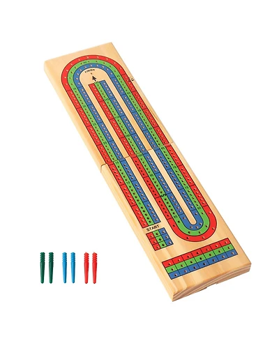 Gse Games & Sports Expert Wooden Folding 3-Track Color Coded Portable Travel Cribbage Board with 6 Plastic Pegs, Travel Game