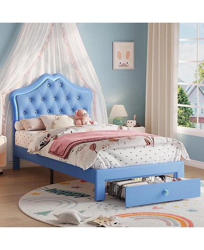 gaomon Twin Velvet Upholstered Platform Bed Led Lights Crystal Button Headboard Storage Drawer Noise-Free No Box Spring
