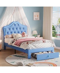 gaomon Twin Velvet Upholstered Platform Bed Led Lights Crystal Button Headboard Storage Drawer Noise-Free No Box Spring