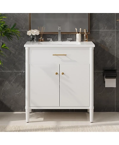 Sillysis 31 Inch Modern Freestanding Bathroom Vanity with Ceramic Sink, Mdf Cabinet, Soft Close Doors, Solid Wood Legs